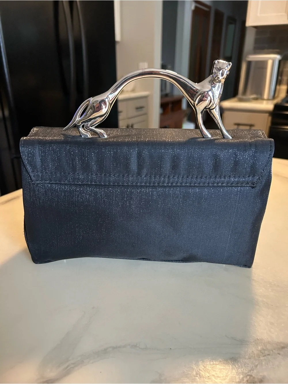 Elegant Black Evening Clutch Handbag With Silver Panther Handle